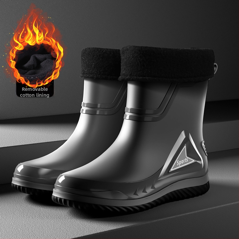 Vīriešu lietus zābaki ar PVC augšdaļu, vidēja caurules augstums, injekcijas veidota plastmasas zole, apaļa purns, piemērotas visām sezonām