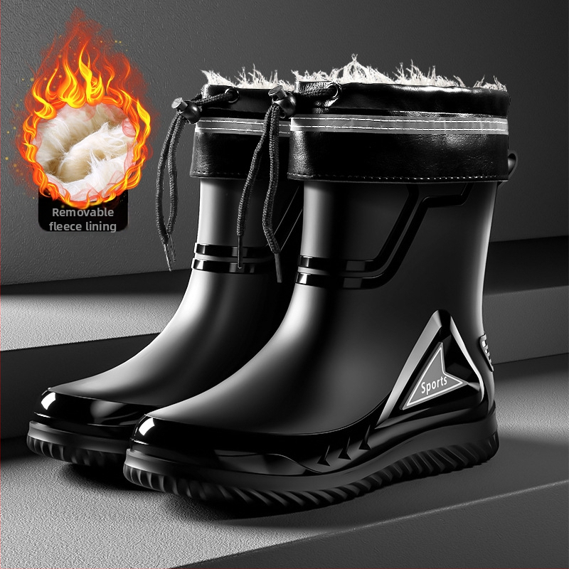 Vīriešu lietus zābaki ar PVC augšdaļu, vidēja caurules augstums, injekcijas veidota plastmasas zole, apaļa purns, piemērotas visām sezonām