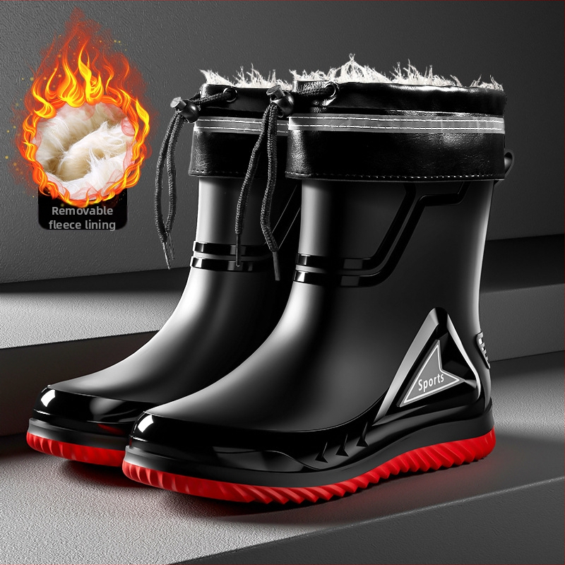 Vīriešu lietus zābaki ar PVC augšdaļu, vidēja caurules augstums, injekcijas veidota plastmasas zole, apaļa purns, piemērotas visām sezonām