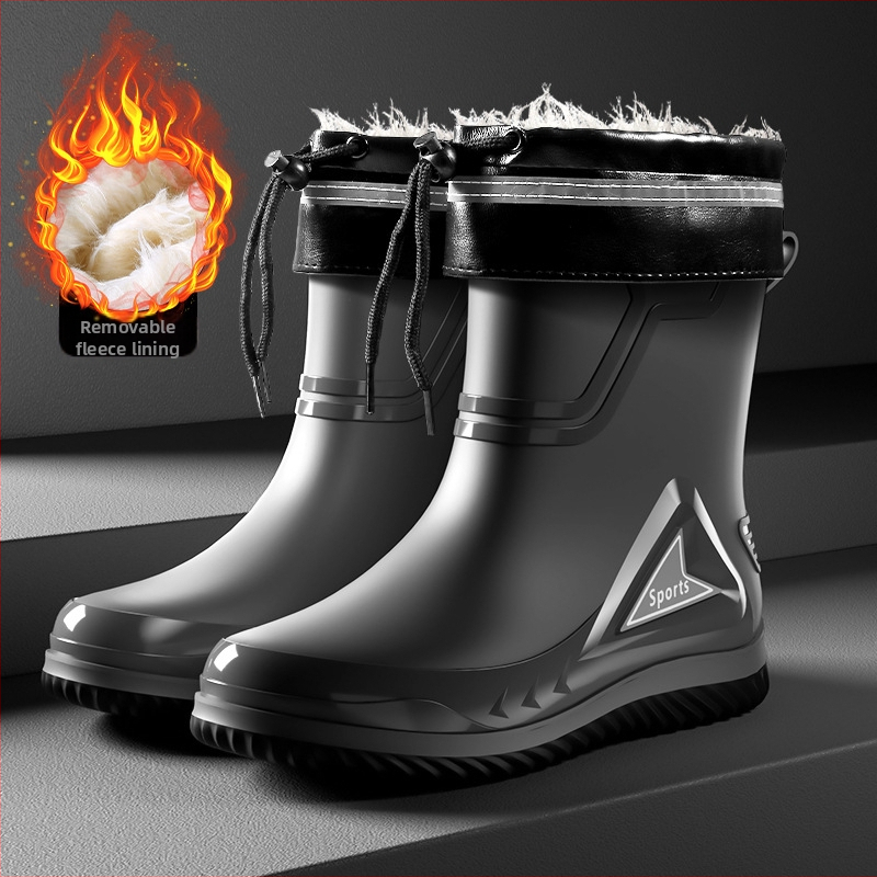 Vīriešu lietus zābaki ar PVC augšdaļu, vidēja caurules augstums, injekcijas veidota plastmasas zole, apaļa purns, piemērotas visām sezonām