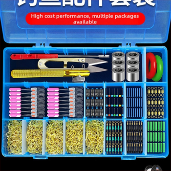 Zvejas piederumu komplekts ar āķiem, zvejas pavediens, atstarpe pērlītes, svina svarus un osmiņu formu gredzenus — viss vienā kastē