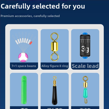 Zvejas piederumu komplekts ar āķiem, zvejas pavediens, atstarpe pērlītes, svina svarus un osmiņu formu gredzenus — viss vienā kastē