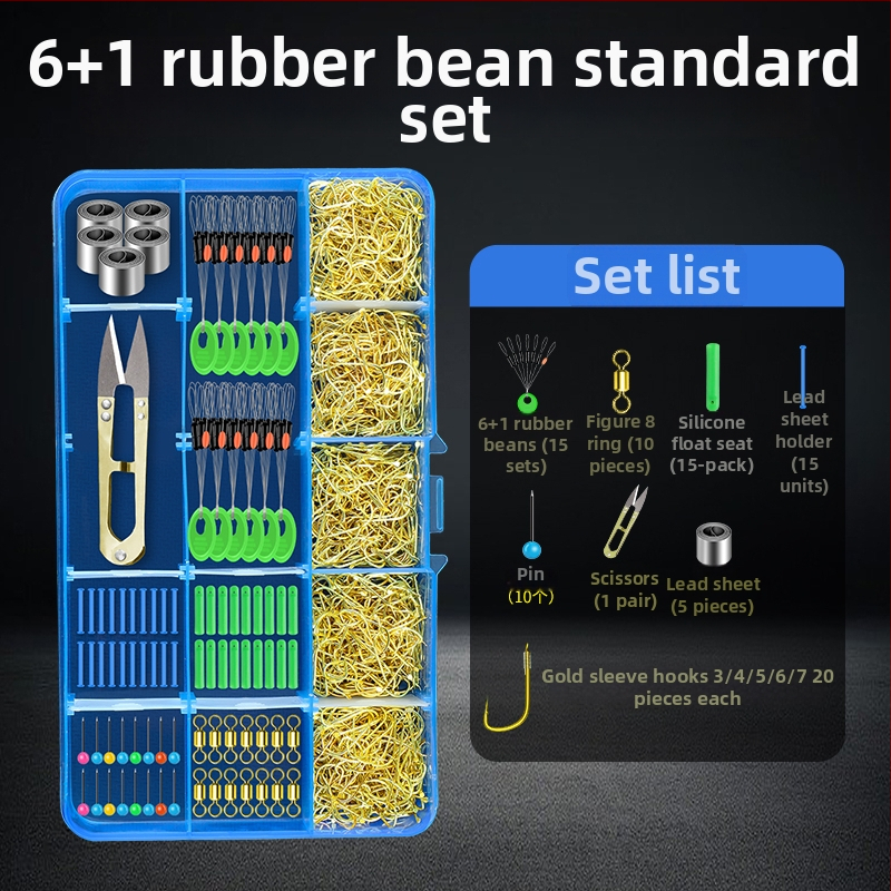 Zvejas piederumu komplekts ar āķiem, zvejas pavediens, atstarpe pērlītes, svina svarus un osmiņu formu gredzenus — viss vienā kastē