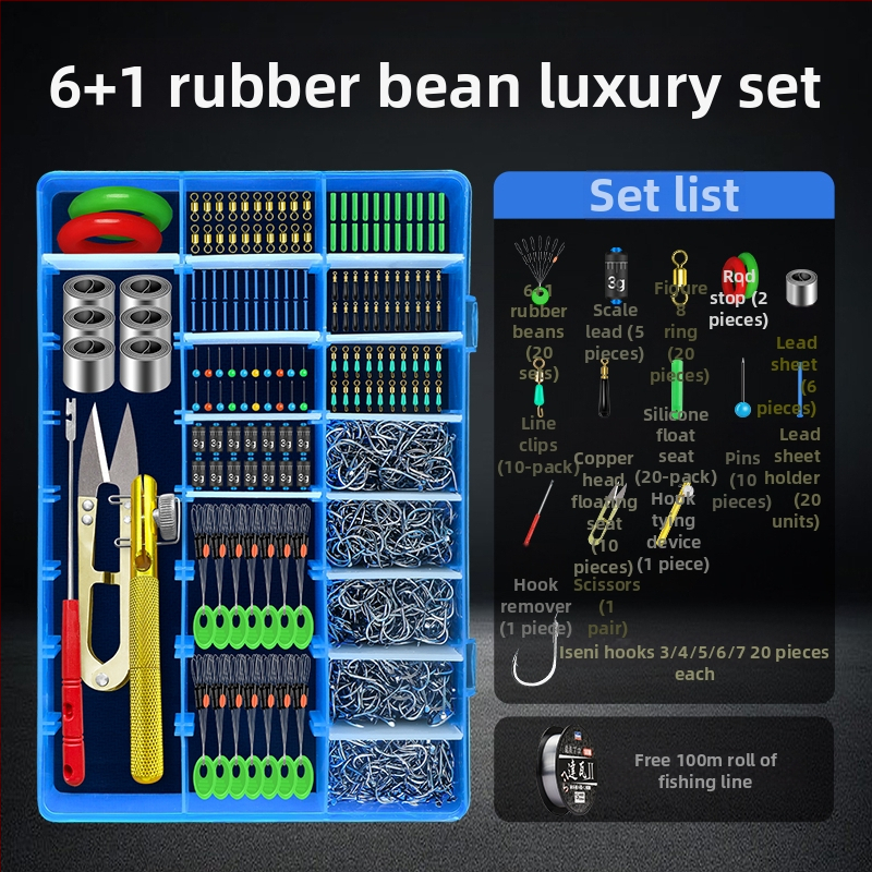 Zvejas piederumu komplekts ar āķiem, zvejas pavediens, atstarpe pērlītes, svina svarus un osmiņu formu gredzenus — viss vienā kastē
