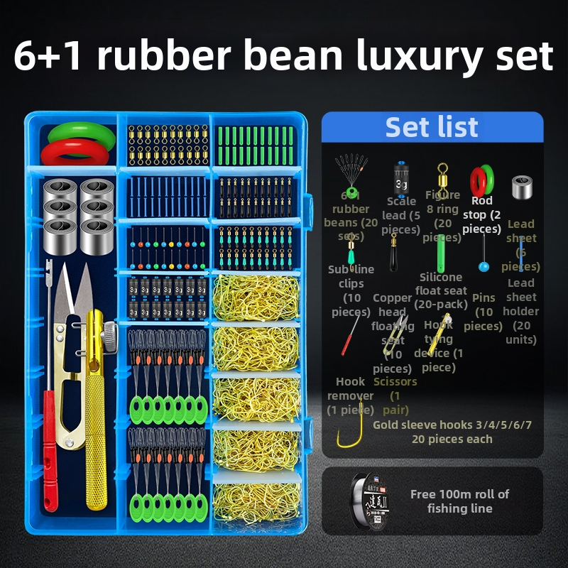Zvejas piederumu komplekts ar āķiem, zvejas pavediens, atstarpe pērlītes, svina svarus un osmiņu formu gredzenus — viss vienā kastē