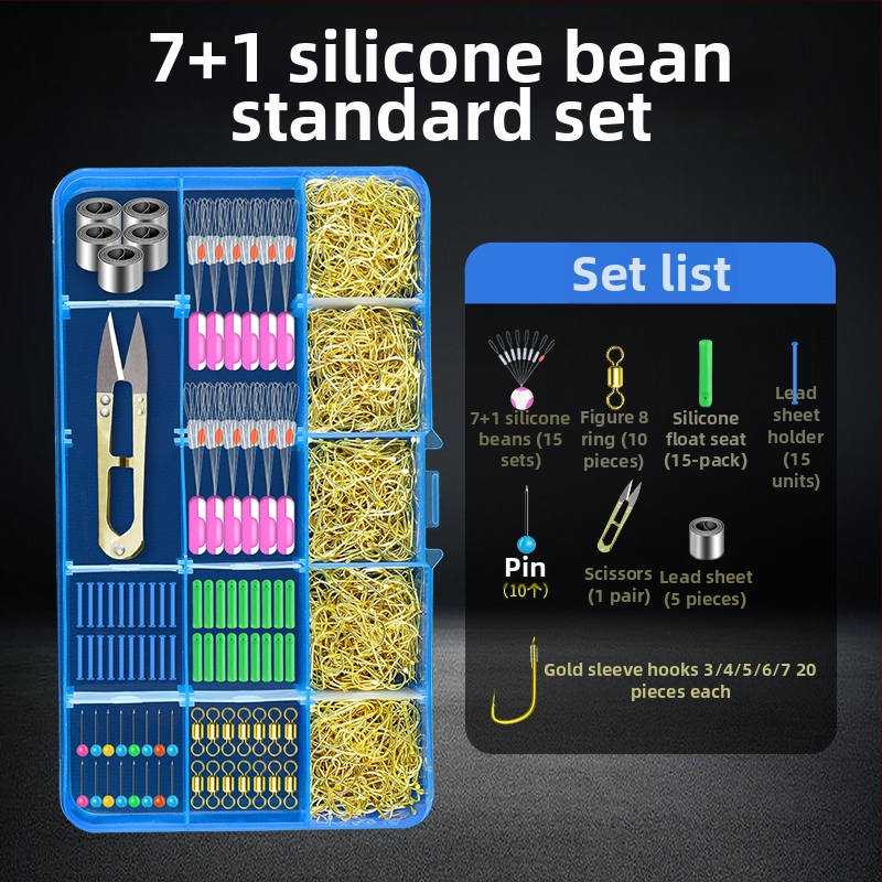 Zvejas piederumu komplekts ar āķiem, zvejas pavediens, atstarpe pērlītes, svina svarus un osmiņu formu gredzenus — viss vienā kastē