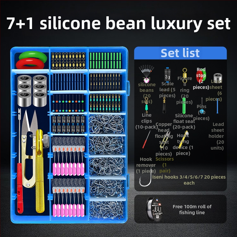 Zvejas piederumu komplekts ar āķiem, zvejas pavediens, atstarpe pērlītes, svina svarus un osmiņu formu gredzenus — viss vienā kastē
