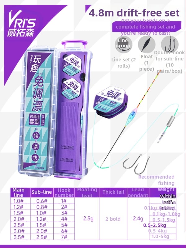 No-Tuning pludiņa komplekts zvejai ar galveno līniju, pilns komplekts, papildlīnija un dubulti āķi dīķiem un rezervuāriem