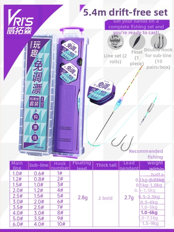 No-Tuning pludiņa komplekts zvejai ar galveno līniju, pilns komplekts, papildlīnija un dubulti āķi dīķiem un rezervuāriem