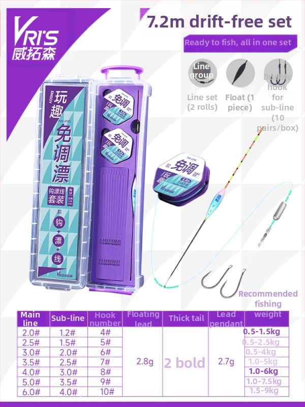 No-Tuning pludiņa komplekts zvejai ar galveno līniju, pilns komplekts, papildlīnija un dubulti āķi dīķiem un rezervuāriem