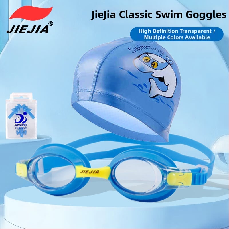 Ochelari de înot pentru copii Jiejia J2670 – Set de 3 piese (șapcă de înot, dopuri pentru urechi, clips pentru nas), multicolor, anti-fog, lentile PC, HD