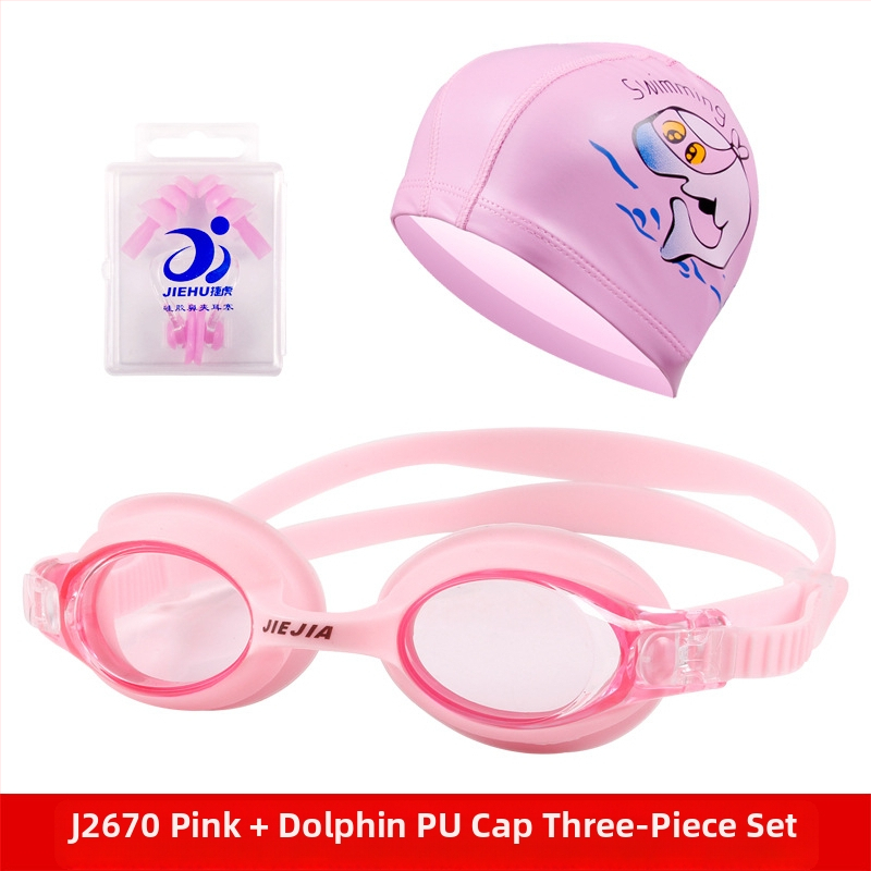 Ochelari de înot pentru copii Jiejia J2670 – Set de 3 piese (șapcă de înot, dopuri pentru urechi, clips pentru nas), multicolor, anti-fog, lentile PC, HD