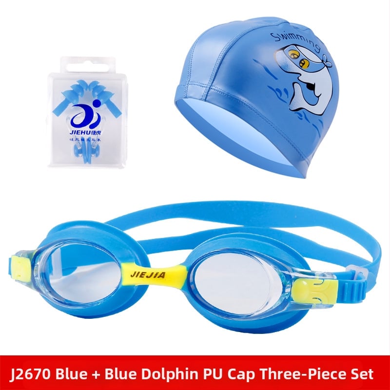 Ochelari de înot pentru copii Jiejia J2670 – Set de 3 piese (șapcă de înot, dopuri pentru urechi, clips pentru nas), multicolor, anti-fog, lentile PC, HD