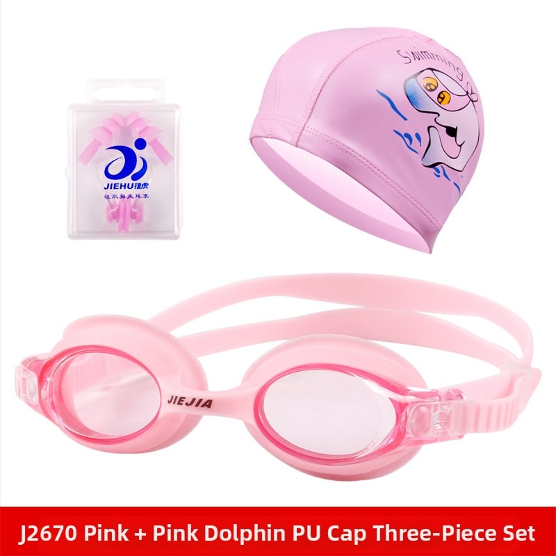 Ochelari de înot pentru copii Jiejia J2670 – Set de 3 piese (șapcă de înot, dopuri pentru urechi, clips pentru nas), multicolor, anti-fog, lentile PC, HD