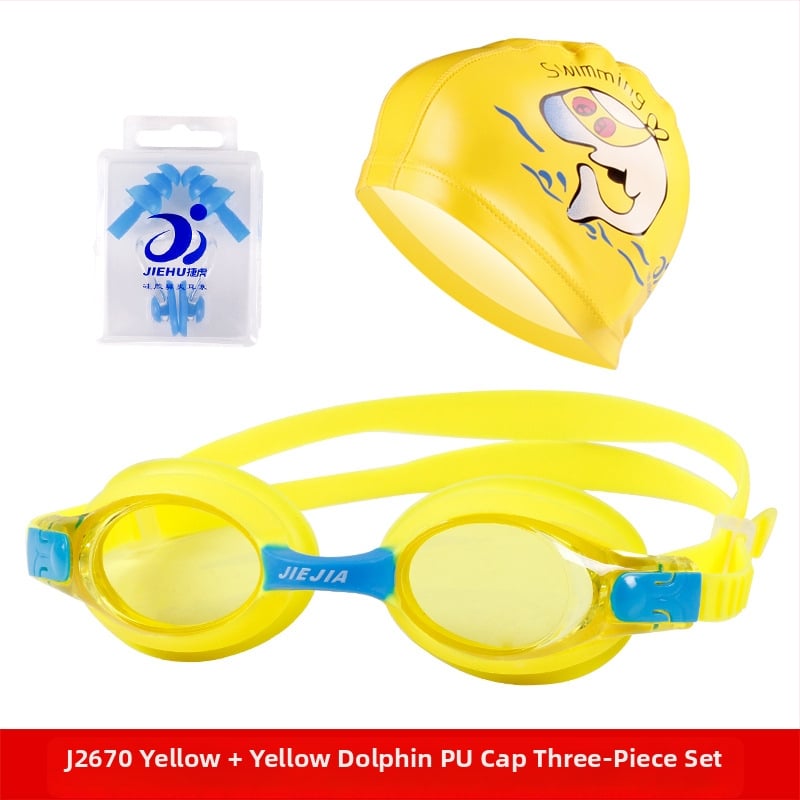 Ochelari de înot pentru copii Jiejia J2670 – Set de 3 piese (șapcă de înot, dopuri pentru urechi, clips pentru nas), multicolor, anti-fog, lentile PC, HD