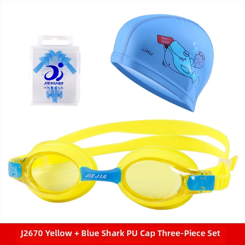 Ochelari de înot pentru copii Jiejia J2670 – Set de 3 piese (șapcă de înot, dopuri pentru urechi, clips pentru nas), multicolor, anti-fog, lentile PC, HD