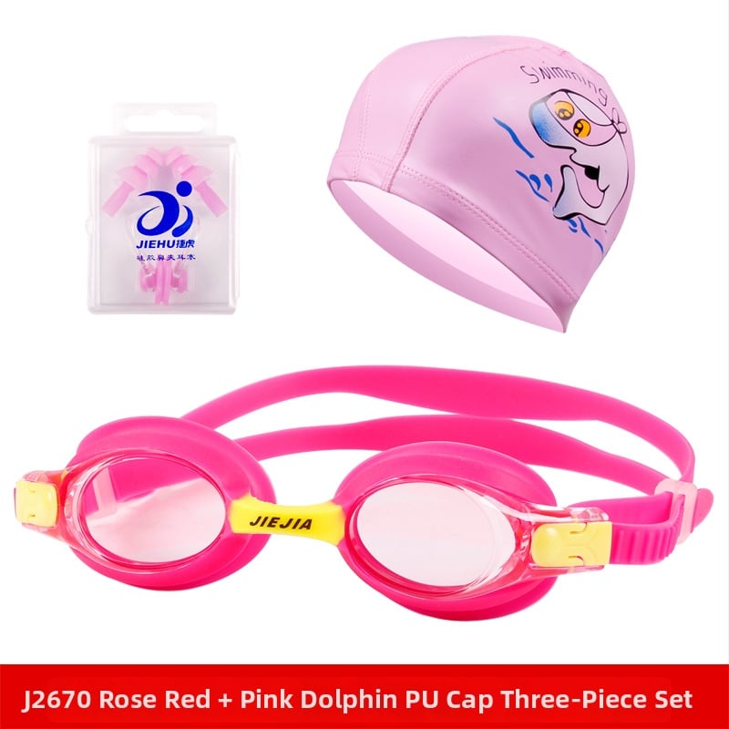 Ochelari de înot pentru copii Jiejia J2670 – Set de 3 piese (șapcă de înot, dopuri pentru urechi, clips pentru nas), multicolor, anti-fog, lentile PC, HD