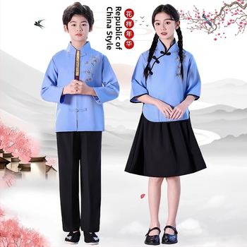 Vaikų sceninis kostiumas Zhongshan stiliumi, unisex, skirtas mokyklos chorui ir deklamavimui; amžiaus grupė 3–8 metų; pagrindinis audinys Vinylon 100%; audinio pavadinimas: medvilnė ir linai; apdaila: švelni apdaila ir skystu amoniako apdorojimas