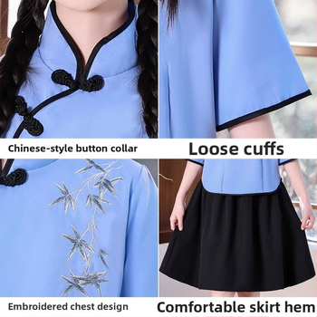 Vaikų sceninis kostiumas Zhongshan stiliumi, unisex, skirtas mokyklos chorui ir deklamavimui; amžiaus grupė 3–8 metų; pagrindinis audinys Vinylon 100%; audinio pavadinimas: medvilnė ir linai; apdaila: švelni apdaila ir skystu amoniako apdorojimas