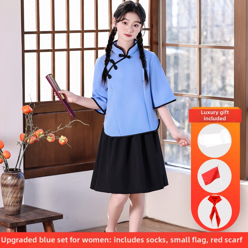 Vaikų sceninis kostiumas Zhongshan stiliumi, unisex, skirtas mokyklos chorui ir deklamavimui; amžiaus grupė 3–8 metų; pagrindinis audinys Vinylon 100%; audinio pavadinimas: medvilnė ir linai; apdaila: švelni apdaila ir skystu amoniako apdorojimas