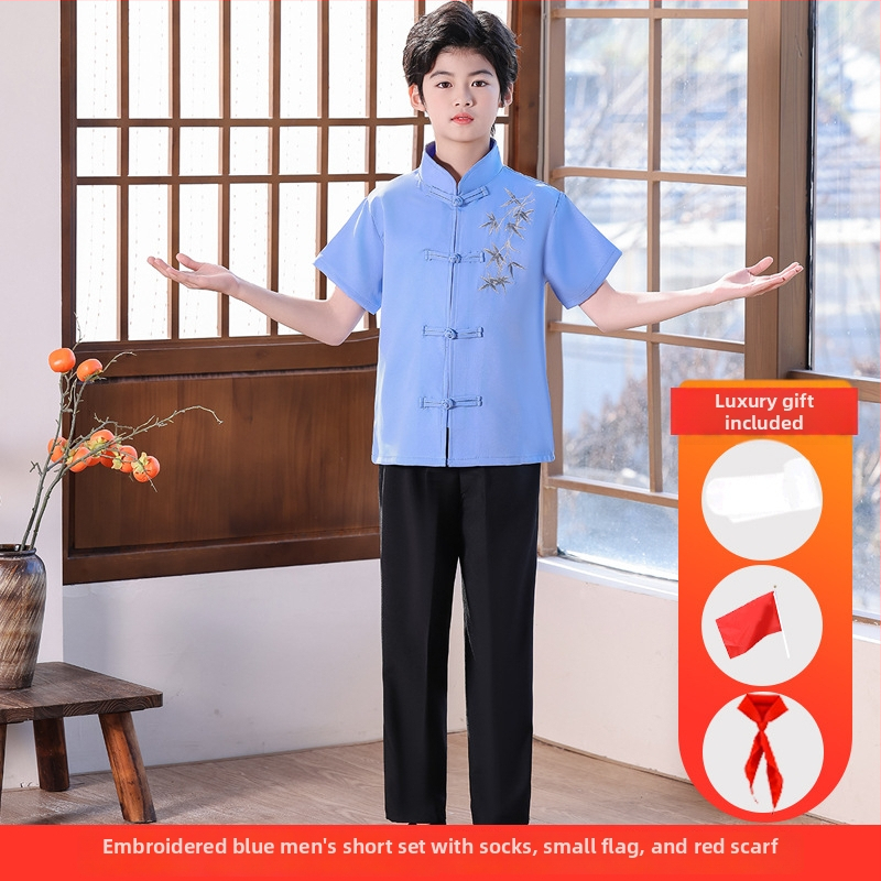 Vaikų sceninis kostiumas Zhongshan stiliumi, unisex, skirtas mokyklos chorui ir deklamavimui; amžiaus grupė 3–8 metų; pagrindinis audinys Vinylon 100%; audinio pavadinimas: medvilnė ir linai; apdaila: švelni apdaila ir skystu amoniako apdorojimas