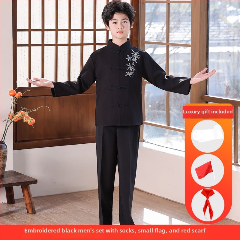 Vaikų sceninis kostiumas Zhongshan stiliumi, unisex, skirtas mokyklos chorui ir deklamavimui; amžiaus grupė 3–8 metų; pagrindinis audinys Vinylon 100%; audinio pavadinimas: medvilnė ir linai; apdaila: švelni apdaila ir skystu amoniako apdorojimas