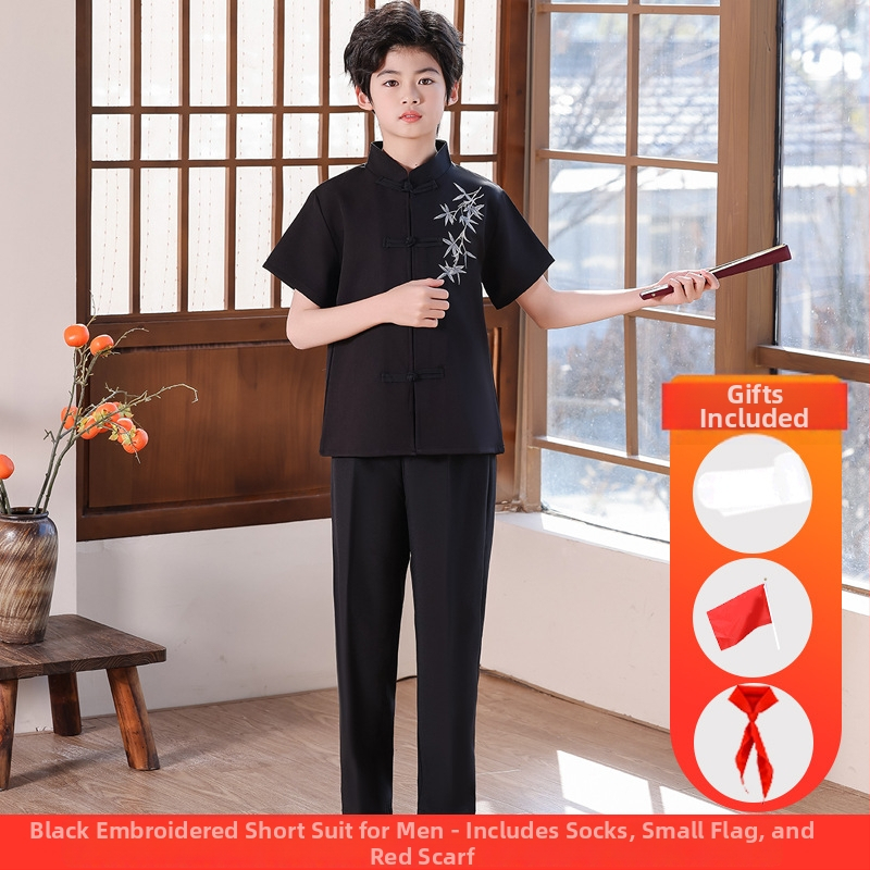 Vaikų sceninis kostiumas Zhongshan stiliumi, unisex, skirtas mokyklos chorui ir deklamavimui; amžiaus grupė 3–8 metų; pagrindinis audinys Vinylon 100%; audinio pavadinimas: medvilnė ir linai; apdaila: švelni apdaila ir skystu amoniako apdorojimas