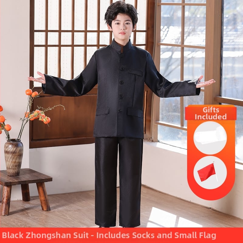 Vaikų sceninis kostiumas Zhongshan stiliumi, unisex, skirtas mokyklos chorui ir deklamavimui; amžiaus grupė 3–8 metų; pagrindinis audinys Vinylon 100%; audinio pavadinimas: medvilnė ir linai; apdaila: švelni apdaila ir skystu amoniako apdorojimas