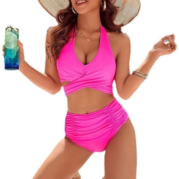 Ženski bikini set za kontrolu trbuha, visok struk, halterneck dizajn, s podstavljenim košaricama, bez metalne potpore, brzo se suši poliester.