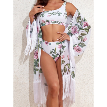 Trīsdaļīgs tīkla peldkostīms ar drukātu rakstu, krūšu spilventiņš, bez tērauda atbalsta, poliesters 85% ar pildījumu 85%, 300 g/m2, pludmales peldēšanai