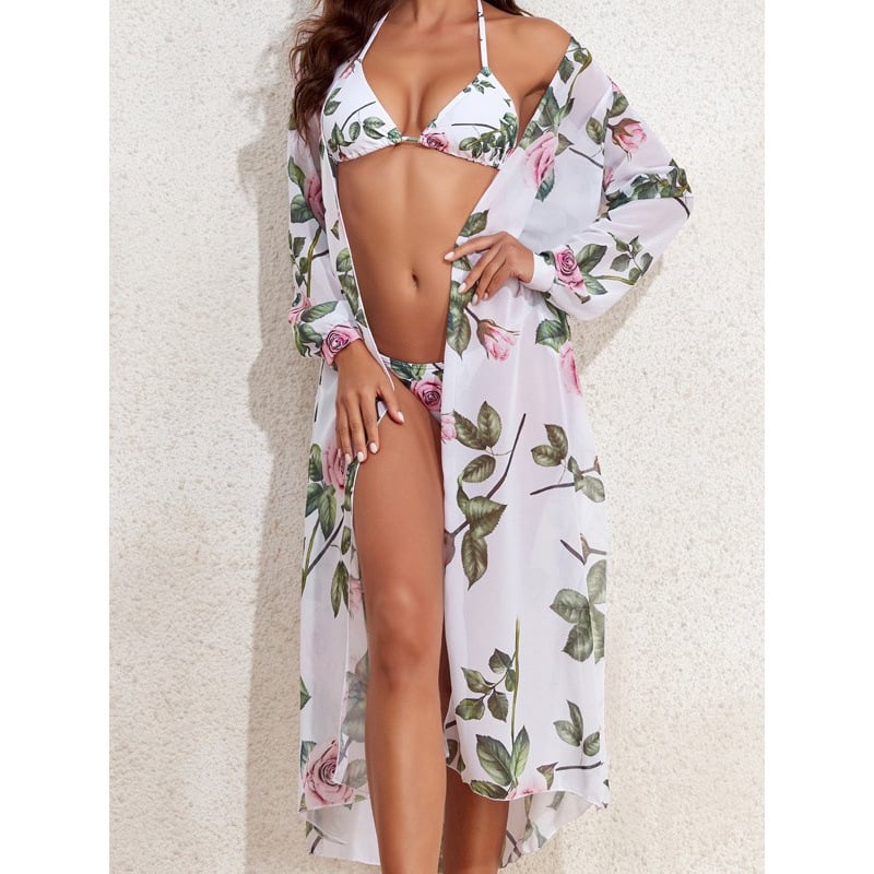 Trīsdaļīgs tīkla peldkostīms ar drukātu rakstu, krūšu spilventiņš, bez tērauda atbalsta, poliesters 85% ar pildījumu 85%, 300 g/m2, pludmales peldēšanai