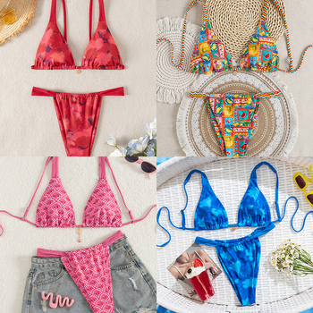 Ženski dvodijelni bikini – print s lomljenim cvijećem, visoka elastičnost, bez rukava, s umetnim jastučićima za dojke