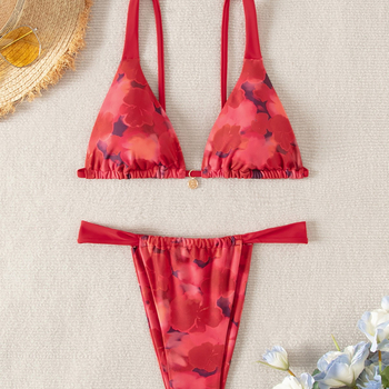 Ženski dvodijelni bikini – print s lomljenim cvijećem, visoka elastičnost, bez rukava, s umetnim jastučićima za dojke