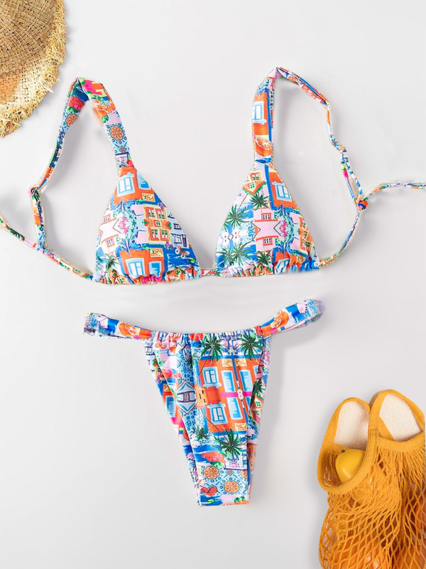 Ženski dvodijelni bikini – print s lomljenim cvijećem, visoka elastičnost, bez rukava, s umetnim jastučićima za dojke