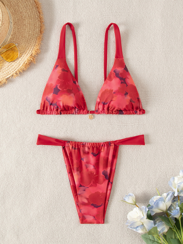 Ženski dvodijelni bikini – print s lomljenim cvijećem, visoka elastičnost, bez rukava, s umetnim jastučićima za dojke