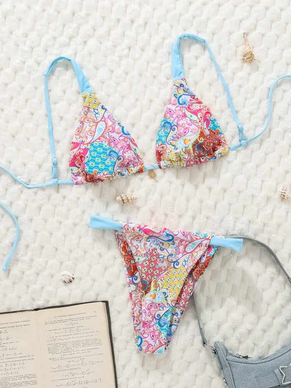 Ženski dvodijelni bikini – print s lomljenim cvijećem, visoka elastičnost, bez rukava, s umetnim jastučićima za dojke