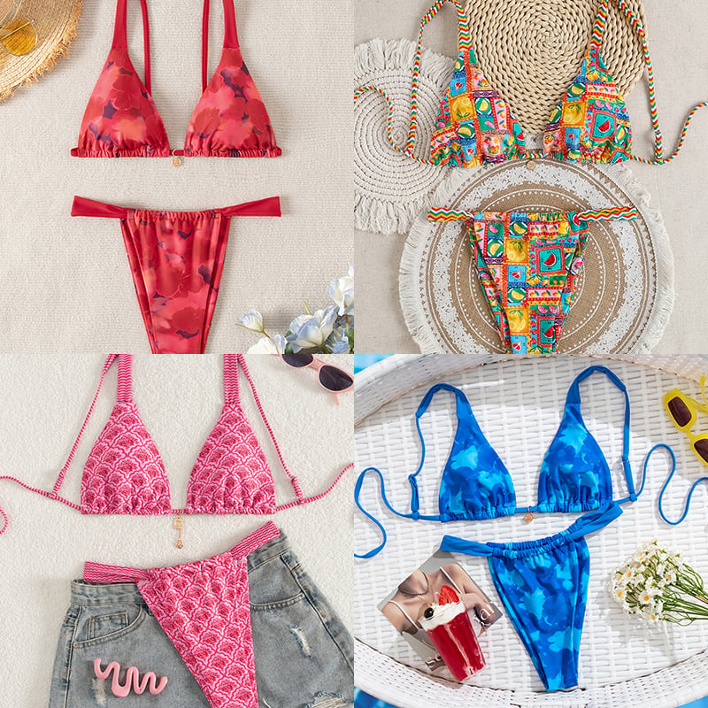Ženski dvodijelni bikini – print s lomljenim cvijećem, visoka elastičnost, bez rukava, s umetnim jastučićima za dojke