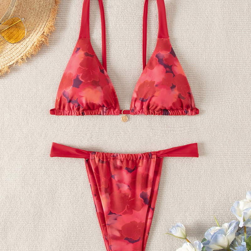 Ženski dvodijelni bikini – print s lomljenim cvijećem, visoka elastičnost, bez rukava, s umetnim jastučićima za dojke