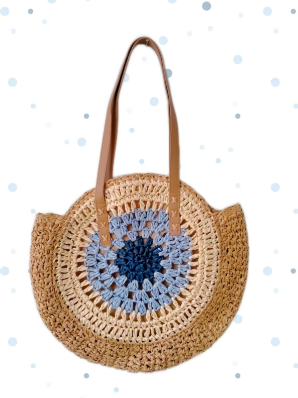 Ümmargune õlekõrrest kootud õla kott – linnalik lihtne stiil, tõmblukk kinnitusega, laminoid sisemus, üks õlarihm, kevad 2025