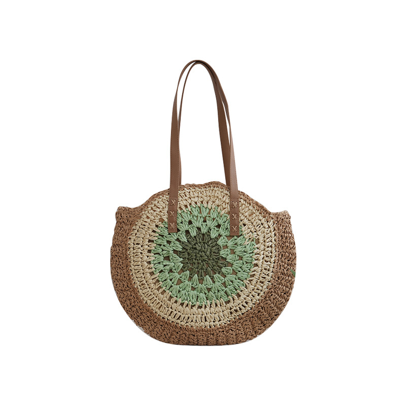 Ümmargune õlekõrrest kootud õla kott – linnalik lihtne stiil, tõmblukk kinnitusega, laminoid sisemus, üks õlarihm, kevad 2025