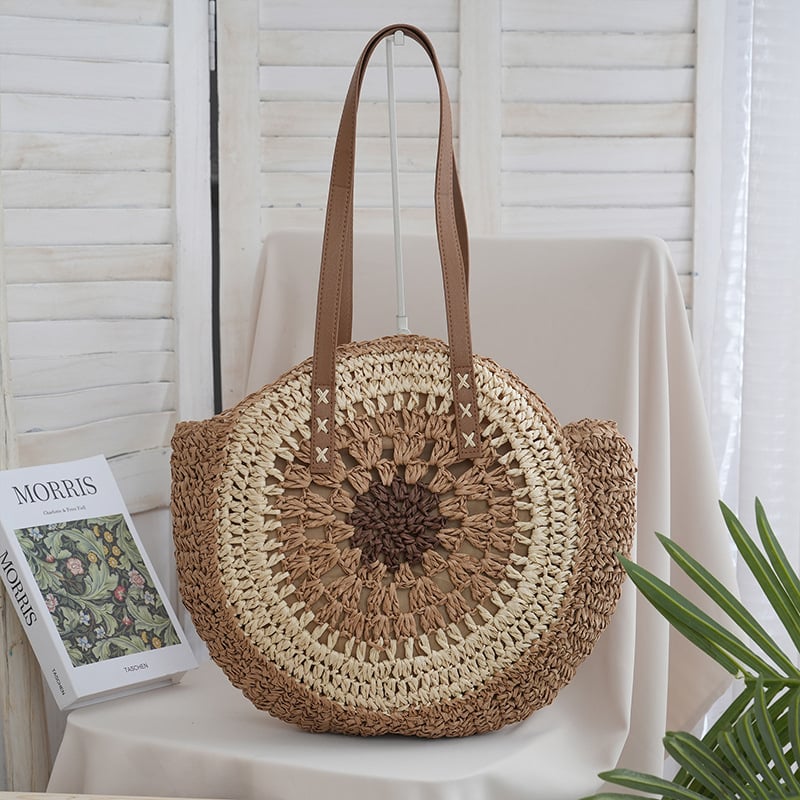 Ümmargune õlekõrrest kootud õla kott – linnalik lihtne stiil, tõmblukk kinnitusega, laminoid sisemus, üks õlarihm, kevad 2025