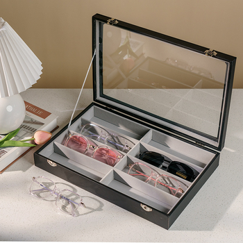 Akinų ir laikrodžių saugyklos dėžutė su dangteliu, 8 skyriai, dulkėms atspari stalinė saugykla