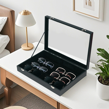 Akinų ir laikrodžių saugyklos dėžutė su dangteliu, 8 skyriai, dulkėms atspari stalinė saugykla