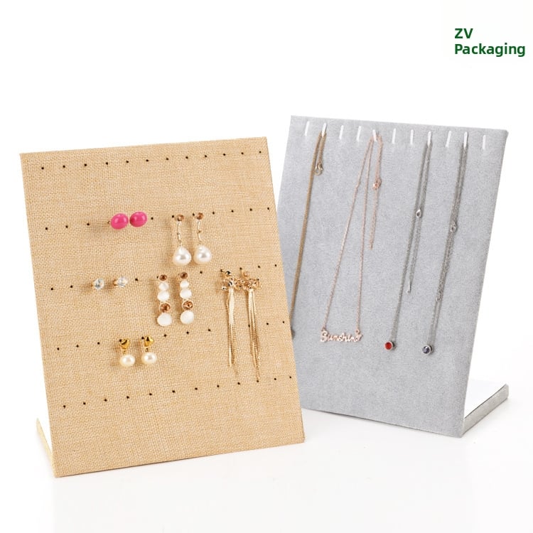 Vertikāls L-formas juvelierizstrādājumu stends auskarām un kaklariem — samta apvalks, kompozītmateriāls, mākslas vēja stils