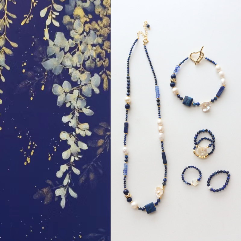 Ručno izrađena kolekcija nakita: Ogrlica od lapis lazuli s prirodnim kamenim biserima, akcenti od slatkovodnih bisera, O-lanac, duljina 41-50 cm, originalni dizajn