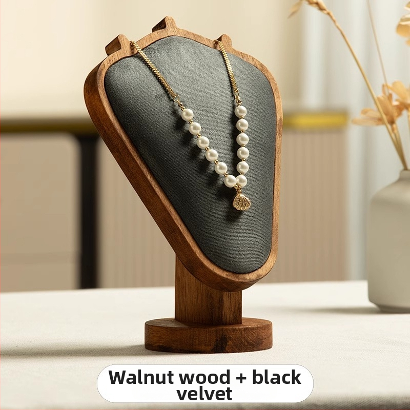 Riešutmedžio rašto kaklo papuošalų demonstravimo stovas – stalinis juvelyrikos ekspozicijos laikiklis, modernus minimalistinis stilius, 1 lygis