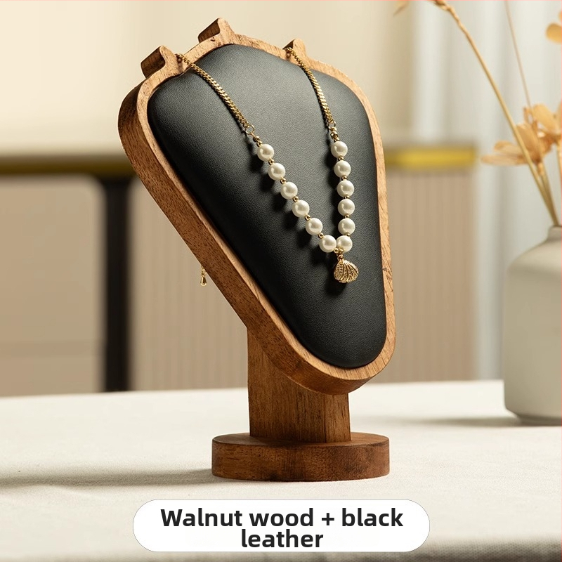 Riešutmedžio rašto kaklo papuošalų demonstravimo stovas – stalinis juvelyrikos ekspozicijos laikiklis, modernus minimalistinis stilius, 1 lygis