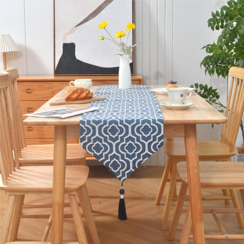 Jacquard stolni runner od poliester-cotton, marokanski stil, geometrijski uzorak, moderan minimalistički dizajn
