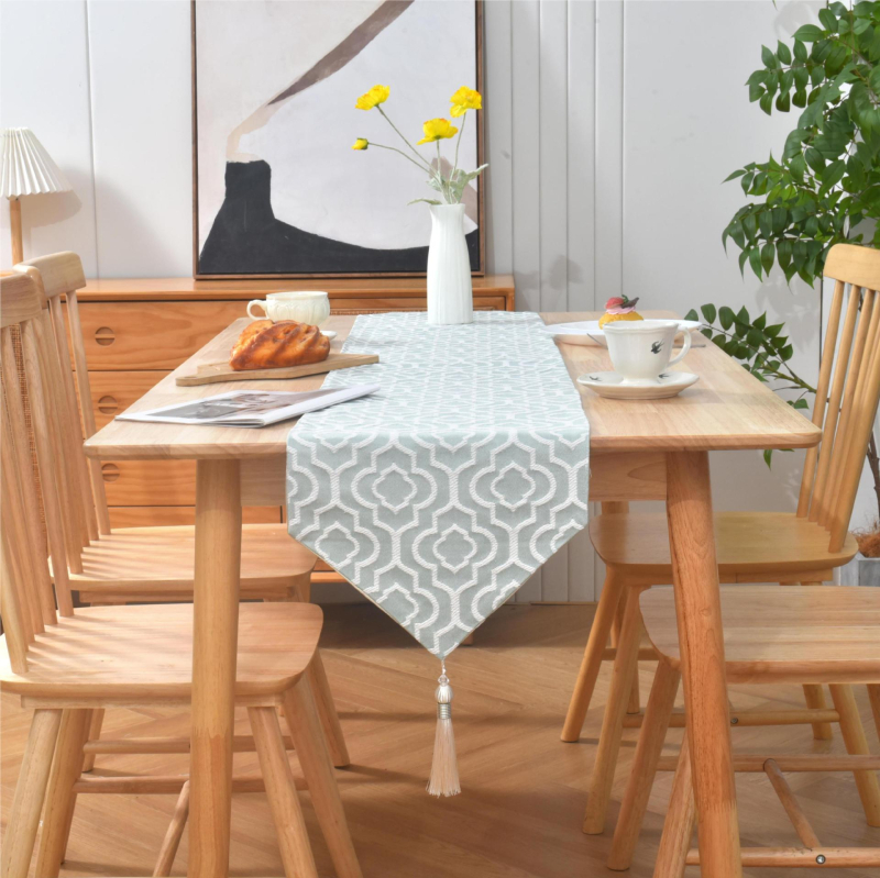 Jacquard stolni runner od poliester-cotton, marokanski stil, geometrijski uzorak, moderan minimalistički dizajn