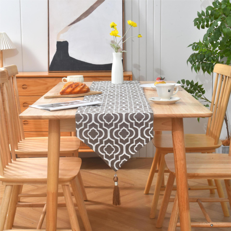 Jacquard stolni runner od poliester-cotton, marokanski stil, geometrijski uzorak, moderan minimalistički dizajn